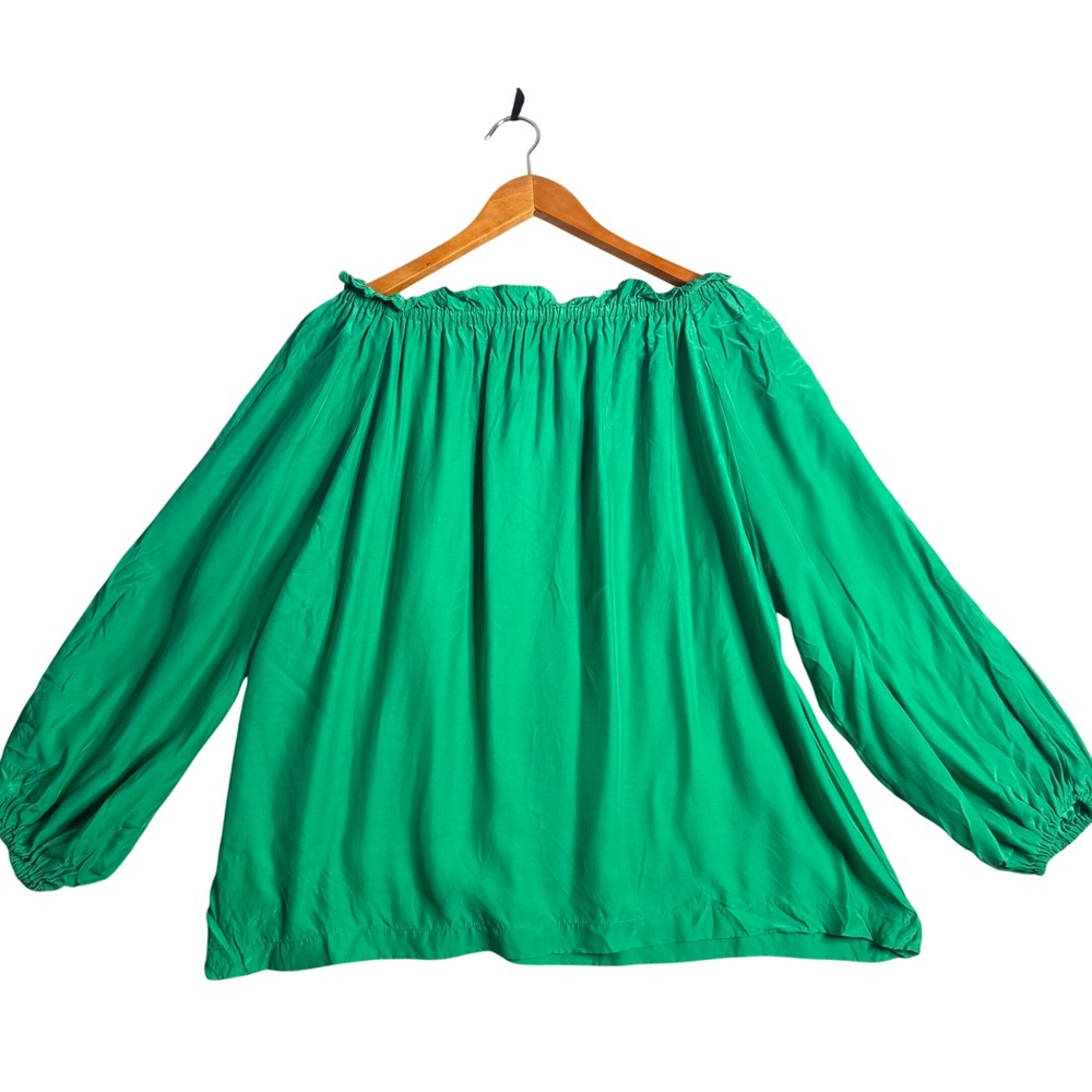 Gold Hawk 100% Silk Cold Shoulder Peasant Blouse Women's M Green Long Sleeve